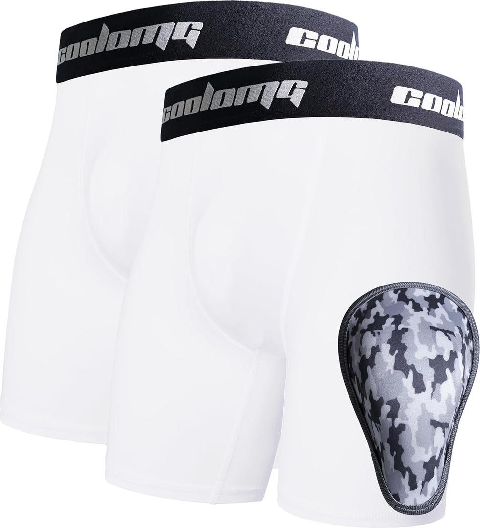 COOLOMG 2-Pack Boys Baseball Underwear with 1 Soft Protective Athletic Cup, Youth Compression Shorts for Football MMA (Small, White)