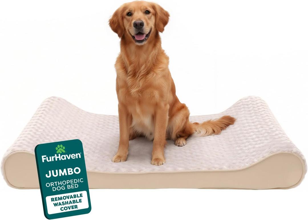 Furhaven Orthopedic Dog Bed for Large Dogs w/ Removable Washable Cover, For Dogs Up to 75 lbs - Ultra Plush Faux Fur & Suede Luxe Lounger Contour Mattress - Cream, Jumbo/XL