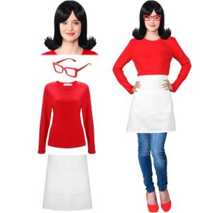 4 Pcs Halloween Costume for Women Include Black Wig Long Sleeve Shirt Red Cat Eyeglasses White Half Apron for Halloween (X-Large)