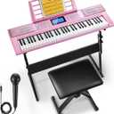 Donner 61 Key Keyboard Piano, Electric Piano Keyboard Kit with 249 Voices, 249 Rhythms - Includes Piano Stand, Stool, Microphone, Gift for Beginners, Pink (DEK-610S), Full