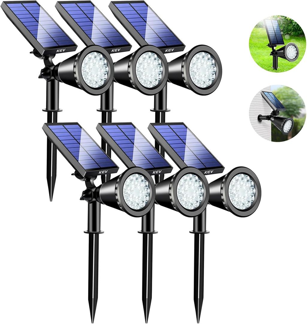 KEV 800 Lumens Solar Spot Lights, 18 LED Outdoor Flood Lights with 2 Modes & Adjustable, IPX65 Waterproof, Spotlights for Driveway/Backyard/Patio Landscape/Tree/Garage (Cool White, 6 Pack)