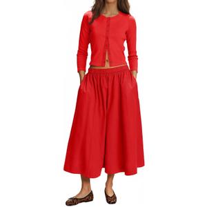 Tankaneo Womens 2 Piece Skirt Sets 3/4 Sleeve Knit Cardigan Elastic Waist Midi Skirt Outfits Casual Matching Dress Set (Red, M)