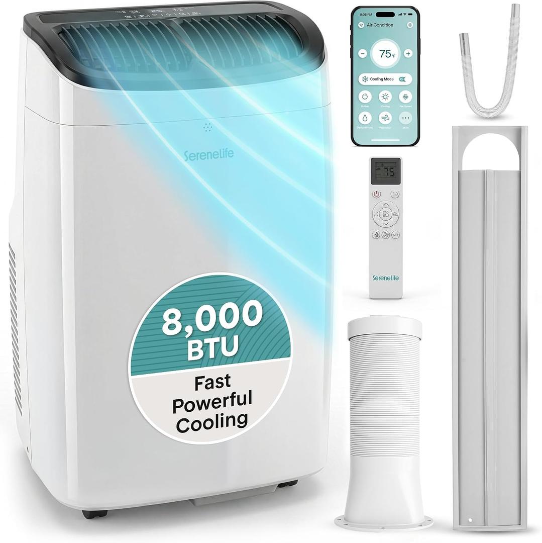 SereneLife 8,000 BTU Portable Air Conditioner with Dehumidifier & Fan | Portable AC Unit with WiFi for Wide Area Climate Control | Compact Standing Air Conditioner with Window Kit