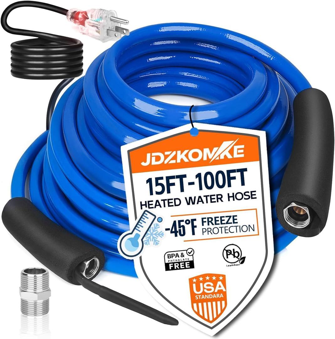 75FT Heated RV Water Hose - Freeze Protection Down to -45F, Heavy-Duty PVC & Brass Fittings, 1/2" ID Lead-Free Hose for Camping/Poultry Farms Auto Accessory
