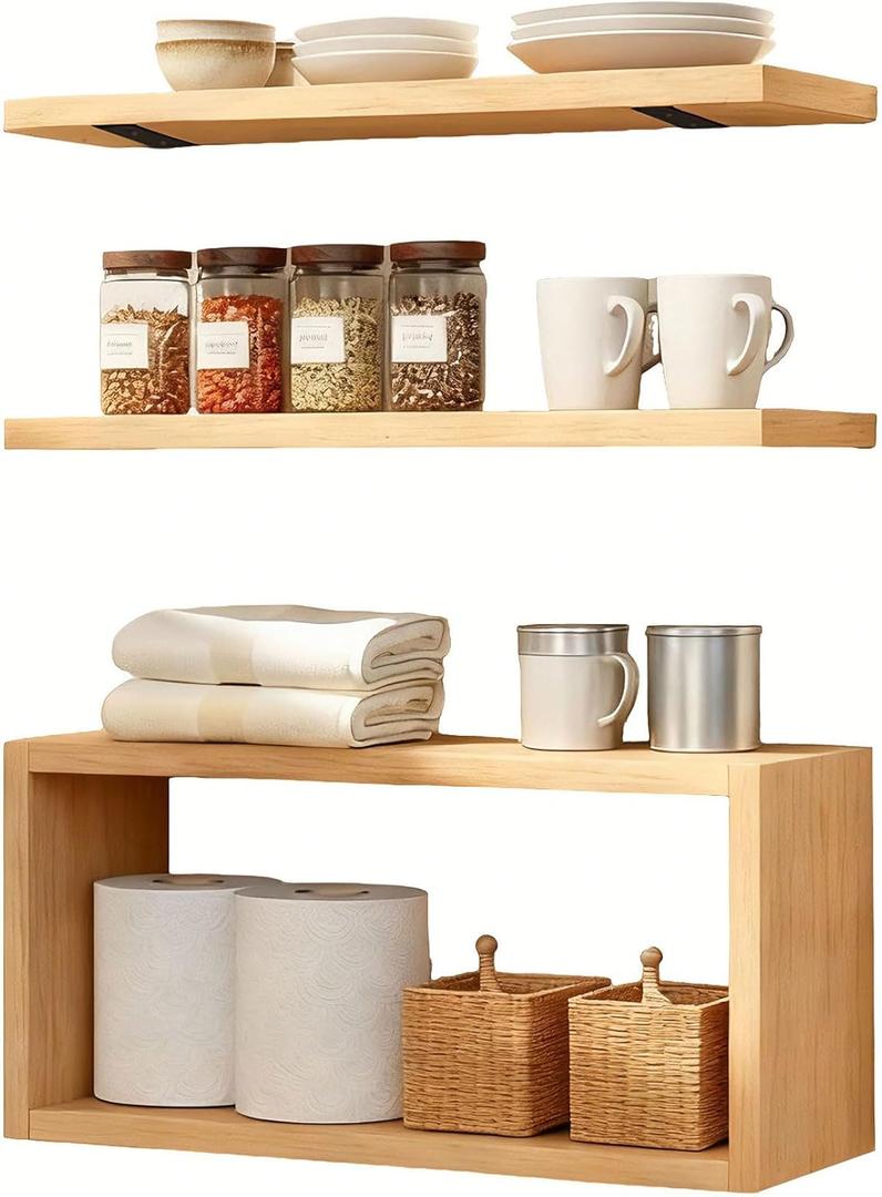 Wall Mounted Floating Shelf, c Long for Bedroom Living Room Kitchen Staircase Bathroom Above Toilet Wall Decoration Book Storage Room Decoration (3piece Set) Natural Wood Color