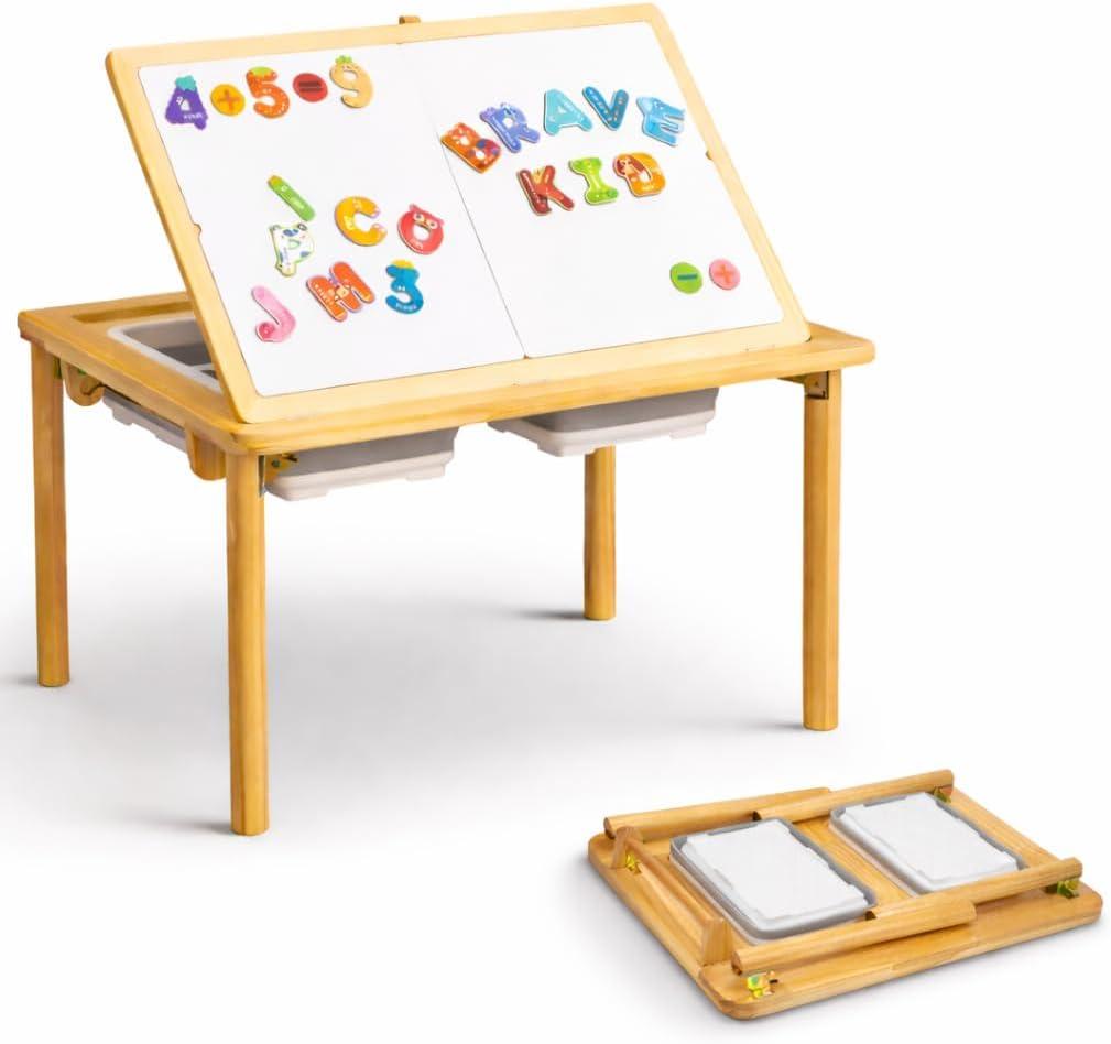 Montessori Sensory Table & Art Easel for Kids & Toddlers | Folding Extendable Legs & Storage Bins, Magnetic Boards & Tiles, Light Box Included | Space-Saving Indoor/Outdoor Play