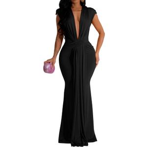 Memoriesea Women's Elegant Sleeveless Deep V Neck Bodycon Party Evening Gown Maxi Dress (Large, Black)