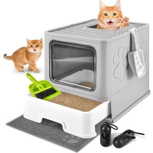 Cat Litter Box with Litter Mat, Foldable Extra Large Free in and Out/One-Way with Lid, Drawer Type Enclosed Kitty Litter Box,Odor Control Anti-Splashing Easy Cleaning (Light Grey)