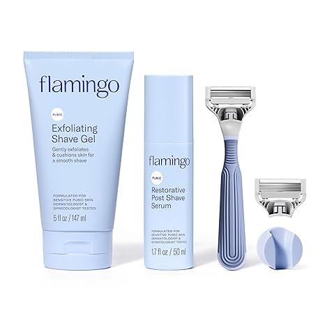 Flamingo Pubic Hair Razor for Women, Shaving Kit, 1 Razor, Exfoliating Shaving Gel 5 fl oz  Restorative Post Shave Serum 1.7 fl oz, Starter Set, Full Kit