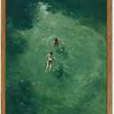 Framed Tiny People Swimming Canvas Wall Art, Minimalist Green Water Pictures Wall Decor, Abstract Summer Beach Paintings Prints Modern Home Decor for Living Room Bedroom Bathroom 16x24 inch