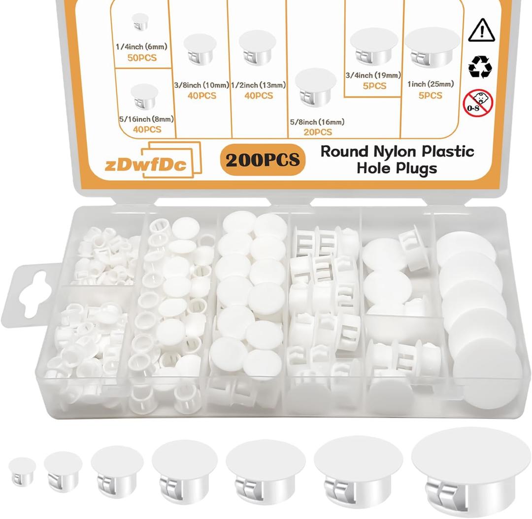 200PCS 7 Sizes White Nylon Plastic Plugs for Round Holes, 1" 3/4" 5/8" 1/2" 3/8" 5/16" 1/4" Round Hole Plug Cover Snap Locking, Used for Plastic, Cabinet Furniture DD016-w