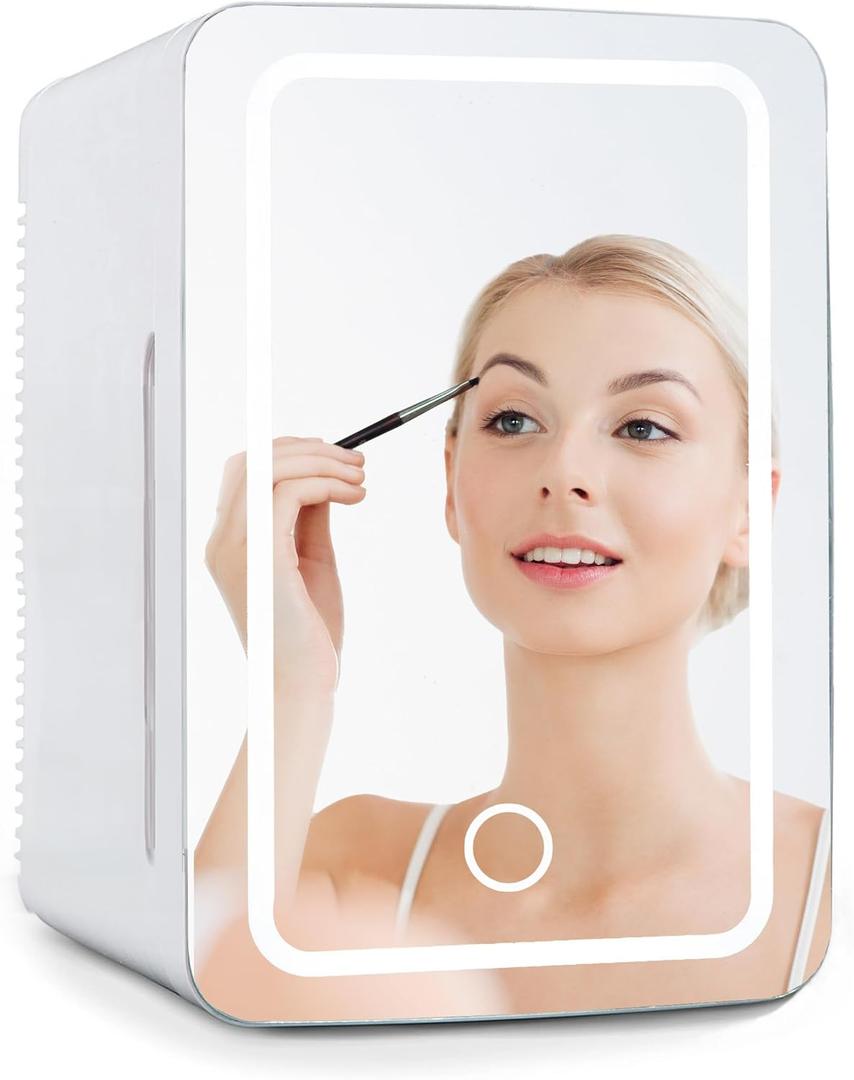 COLDBAY Skincare Fridge with Mirror Door, LED Light, Cool and Warm Makeup Vanity Refrigerator for cosmetic, drinks, compact Design for Bedroom Bathroom, Dorm, AC Cord, DC Adapter for car