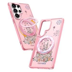 Uppuppy for Samsung Galaxy S25 Ultra Case with 360° Rotatable Magnetic Ring - Compatible with MagSafe, Semi-Transparent Soft-Touch Material Shockproof, Cute Pink Castle Design for Women Girl