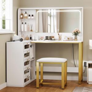 DWVO Vanity Desk with LED Lighted Mirror and 3 Lighting Modes, L-Shaped Corner Vanity Table, 48" Large Dressing Table with 5 Tempered Glass Drawers with Open Storage Shelves, White