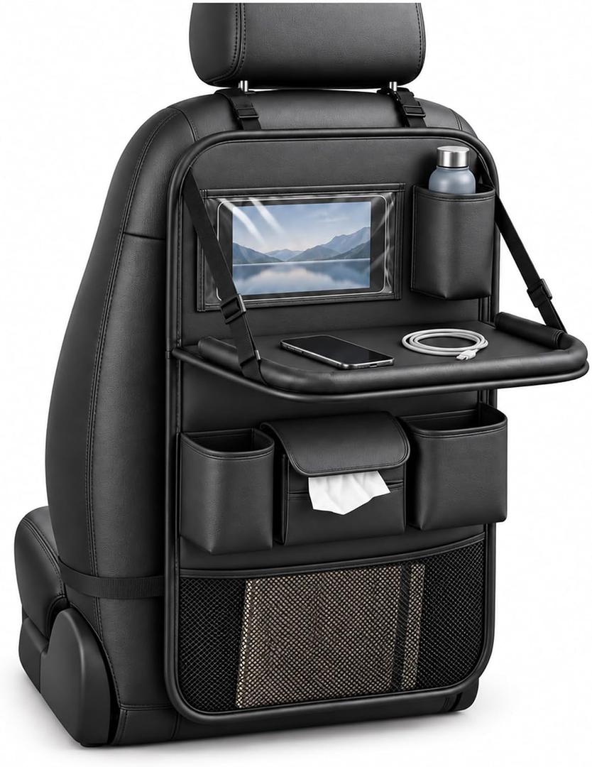 Backseat Car Organizer with Fold-Down Tray, 8 Zones, Black, 1 Pack