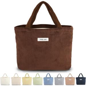Sminra Corduroy Small Tote Bible Bag for Women, Mini Daily Handbag Cute Aesthetic for Book, Essential, Water Bottle Organizer (Coffee Brown)