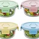 1.5 Cup Round Glass Food Container with Lids and Folding spoon, Small Round Glass Storage Container, 12oz Food Bowls with Spoons for Lunch Office, Oven, Freezer, Dishwasher Safe (4Pack)