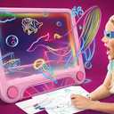 Magic LED Drawing Board for Kids, Light-Up Tracing Pad with 3 Double-Sided Cards & 4 Washable Markers, Glow Doodle Arts & Crafts Toy for Ages 3+