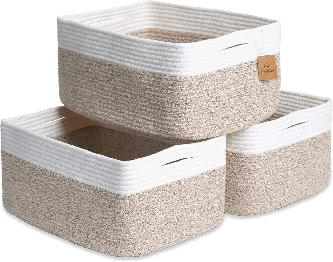 NaturalCozy Storage Baskets 16.8x13x7.6 Cotton Rope Woven Baskets for Organizing 3-Pack | Toy Storage Bins | Basket for Shelves, Laundry, Blanket, Clothes, Closet, Kitchen, Bathroom, Gifts (Off White & Mixed Brown)