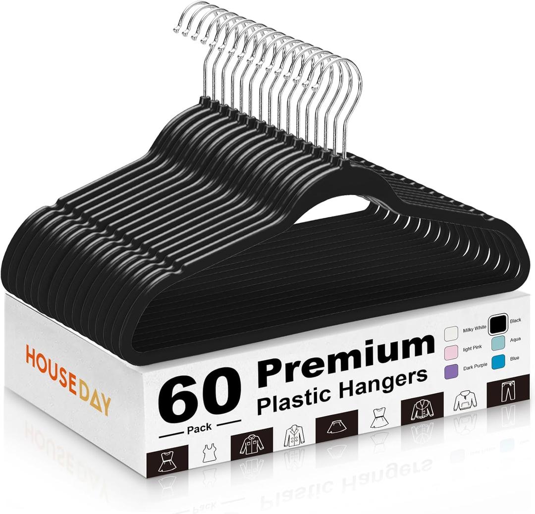 HOUSE DAY Black Plastic Hangers 60 Pack - Heavy Duty Non-Velvet Hangers with 360 Swivel Chrome Hook & Non Slip Notches - Slim Space Saving Clothes Hangers Ideal for Dresses Coats Shirts Jackets