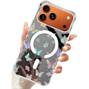 for iPhone 18 Pro Max/17 Pro Max Case, Compatible with MagSafe, Clear Laser Iridescent Shockproof Slim Anti-Slip Military Drop Protection Hard Phone Case, Ditsy Floral