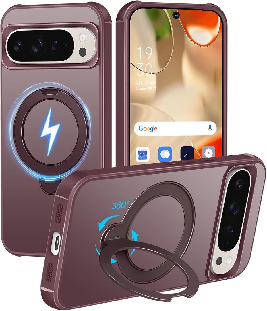 HuwaiH 360 Rotatable Magnetic Ring Stand for Google Pixel 9 Pro XL/10 Pro XL Case, Compatible with MagSafe, Military-Grade Shockproof, Anti-Scratch Matte Translucent Phone Case(Burgundy)