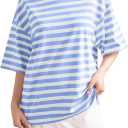 3 x Women Oversized Striped T Shirts Color Block Crew Neck Tee Shirt Short Sleeve Basic Summer Tops (Blue, M)