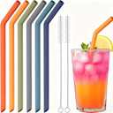 NiHome 6-Pack Wide Reusable Bent Silicone Straws for Smoothies, Milkshake & Juice, 0.425" Eco-Friendly Bent Straws for Thick Drinks, Child-Safe, Customizable Length, 2 Brushes (Deep Rainbow)