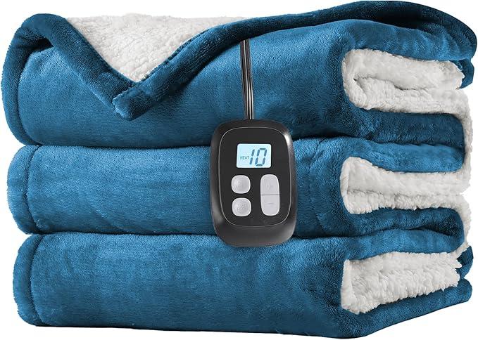 Electric Heated Blanket Full Size 72"x84", DualSided Soft Flannel & Sherpa, LCD Display 10 Heat Settings with 112H Timer & Overnight Safe, Bed & Couch, Machine Washable, Lake Blue