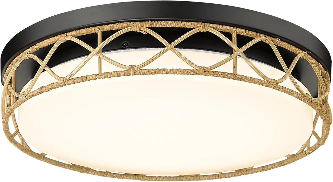 15'' LED Rattan Ceiling Light, 22W Farmhouse Flush Mount Ceiling Light Fixtures, Hand-Woven Boho Light for Bedroom, Laundry Room, Bathroom, Kitchen, Entry (Black 11F)