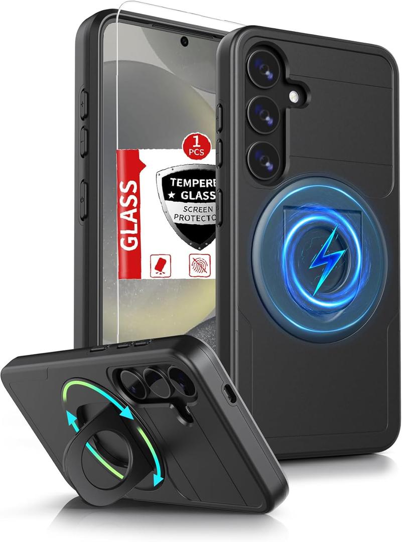 for Samsung Galaxy S24 Case Compatible with MagSafe Magnetic,with 1 Screen Protector,Built-in Ring Kickstand Military Grade Drop Heavy Duty Protection Scratch Resistant Shockproof Phone Black
