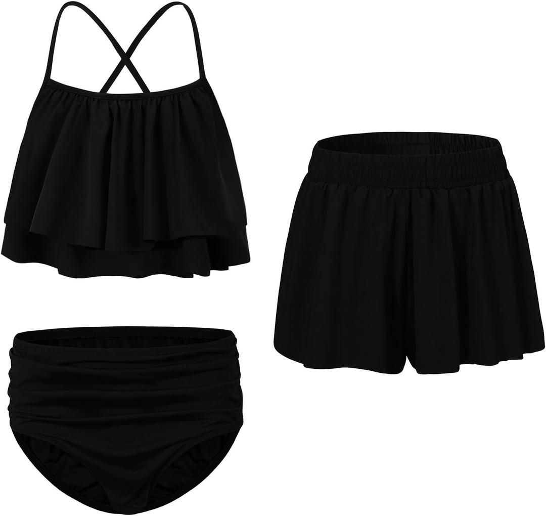 EXARUS Girls Bikini 3 Pieces Bathing Suits Swimsuits Ruched Swimwear Mid Rise Beach Pool (Black)