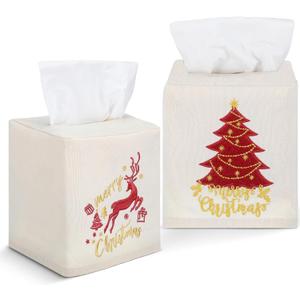 Domensi 2 Pcs Christmas Linen Tissue Box Cover 5.5 x 4.75 x 4.75 Inches Christmas Tree and Elk Tissue Box Holder Holiday Square Home Decor Xmas Embroidered Gifts for Bathroom Bedroom Living Room