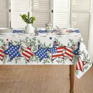 Horaldaily 4th of July Tablecloth 60x104 Inch, Patriotic Eucalyptus Star Independence Day Memorial Day Table Cover for Party Picnic Dinner Decor (White)