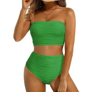 High Waisted Bandeau Bikini Set - Women Strapless Two Piece Swimsuits Ribbed Longline Full Coverage Bathing Suits Swimwear Medium