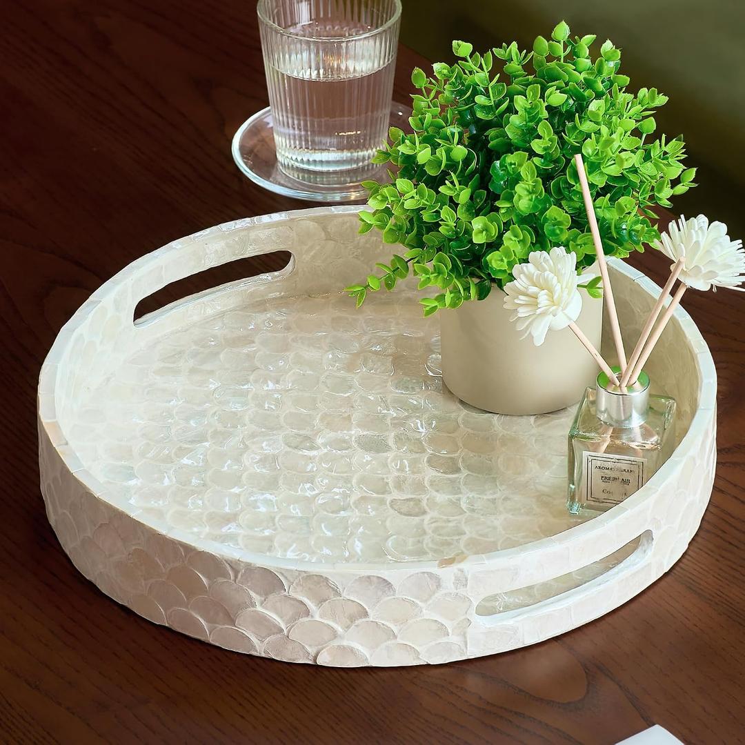 CHI AN HOME 12.6 Inch Capiz Round Decorative Tray, Decorative Serving Tray with Handles for Coffee Table, Kitchen Counter, Bathroom Vanity or Dining Table Centerpiece Tray, Modern Farmhouse Decor