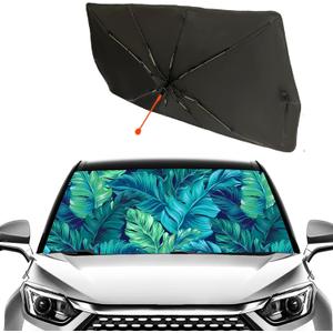 Socira Tropical Car Sun Shade Windshield Umbrella Palm Leaf Sunshade for Green Window Shades Windshield Sun Shade Umbrella Sun Visor Leaves Car Accessories Keeps Cool 57" x 30"