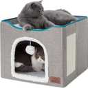 Bedsure Cat Beds for Indoor Cats - Large Cat Cave for Pet Cat House with Fluffy Ball Hanging and Scratch Pad, Foldable Cat Hideaway,16.5x16.5x13 inches, Grey (Single)
