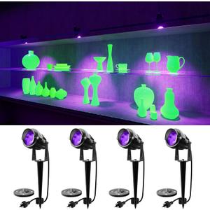 4 Pack UV Landscape Spotlights for Outdoor & Indoor Waterproof Wired 120V Purple Spot Lights for Blacklight Poster, Uranium Glass, Reaction Lighting for Body Painting and Glow Party
