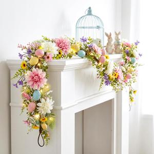 6 FT Easter Garland Decor Set, Artificial Floral Easter Eggs Garlands with LED Lights, Rustic Easter Mantle Garland for Outdoor Home Holiday Party Decorations