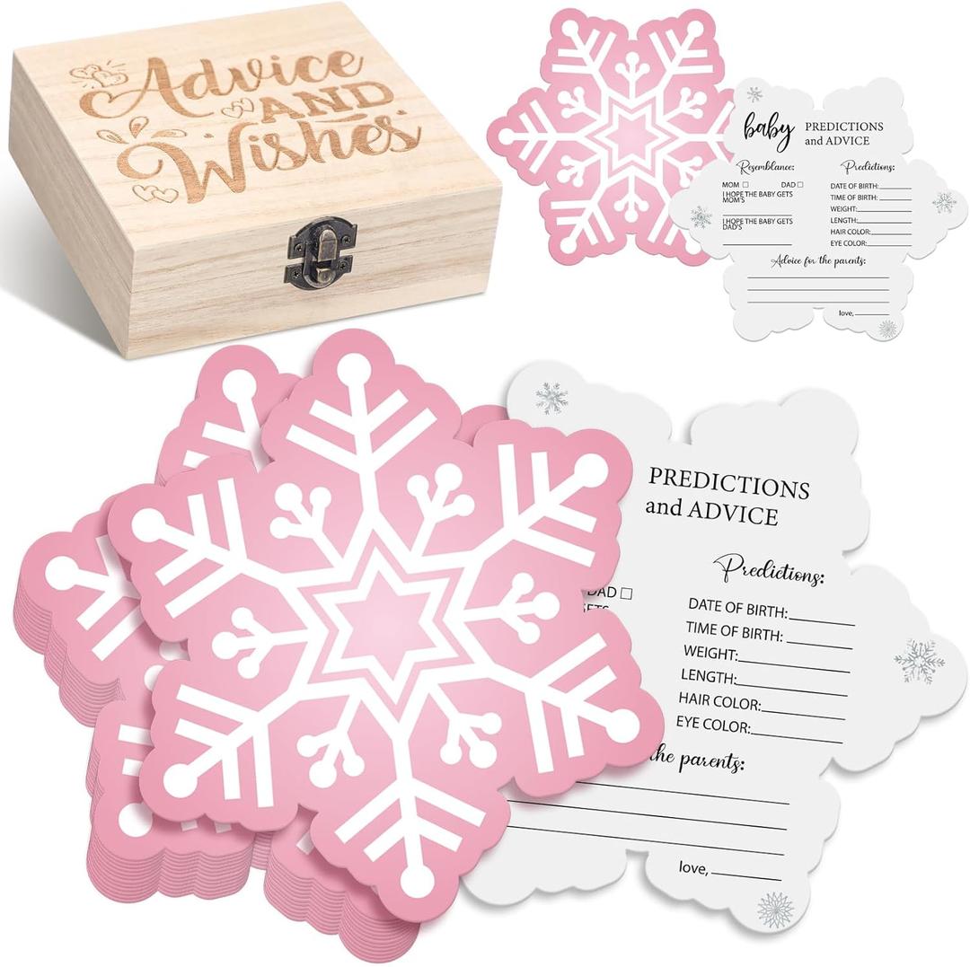 RattanView 50 Pcs Double Side Baby It's Cold Outside Baby Shower Prediction Advice Cards Winter Wonderland Games Card with Wooden Keepsake Box for Winter Christmas Party
