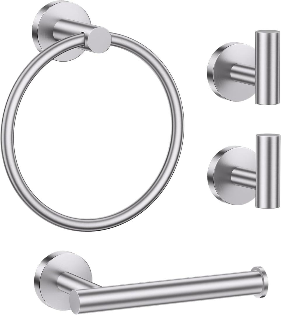 Lairuier Bathroom Hardware Set, 4-pieceTowel Holder Set Include Toilet Paper Holder,Towel Ring and 2 Towel Hooks Stainless Steel Wall Mounted Bathroom Hardware Accessories Set (Brushed Finish)