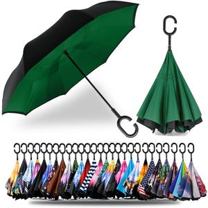 SIEPASA 49/56 Inch Inverted Reverse Upside Down Umbrella, Extra Large Double Canopy Vented Windproof Waterproof Stick Golf Umbrellas with C-shape Handle. (Green)