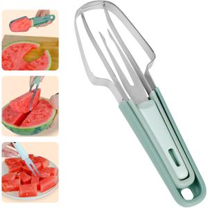 3-in-1 Watermelon Cutter Slicer Tool, Stainless Steel Watermelon Cutter, Popsicle Mold Watermelon Slicer, Watermelon Fork Slicer Cutter, Portability Fruit Fork for Camping Kitchen Gadgets (Green)
