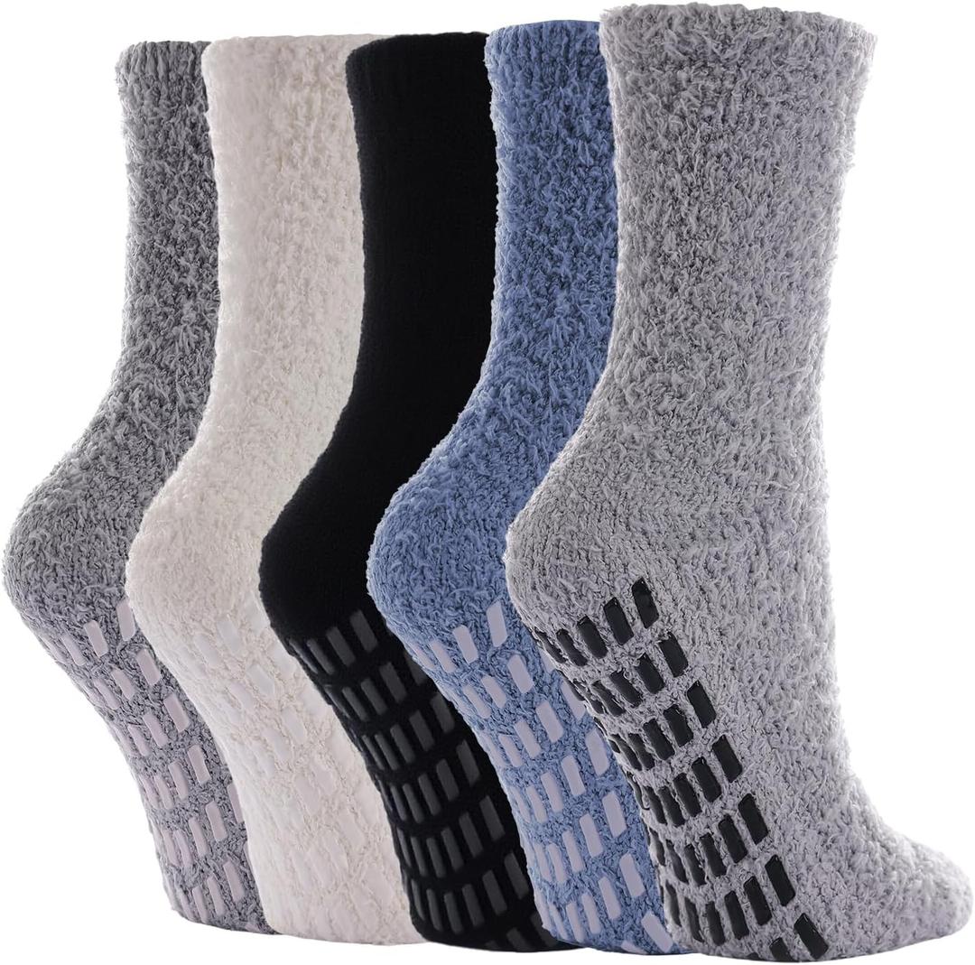 5 Pairs Fuzzy Socks with Grips for Women, Non Slip Cozy Fluffy Soft Socks, Winter Sleep Slipper Hospital