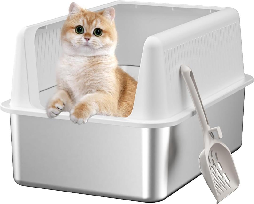 Stainless Steel Cat Litter Box with Lid,XL,19.7 L x 13.8 W x 11.8H Deep,Large Metal Litter Box with High Side,for Small and Large Cats,Anti-Leakage Non-Sticky Easy Cleaning Include Litter Scoop