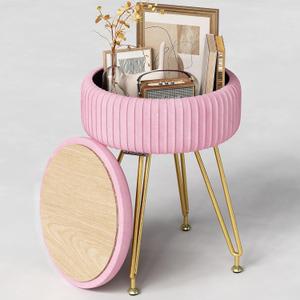Redlife Vanity Stool with Storage, Round Makeup Vanity Stool with 4 Gold Legs Small Velvet Make Up Chair Multifunctional Storage Ottoman Stools for Makeup Room Bedroom (Pink)