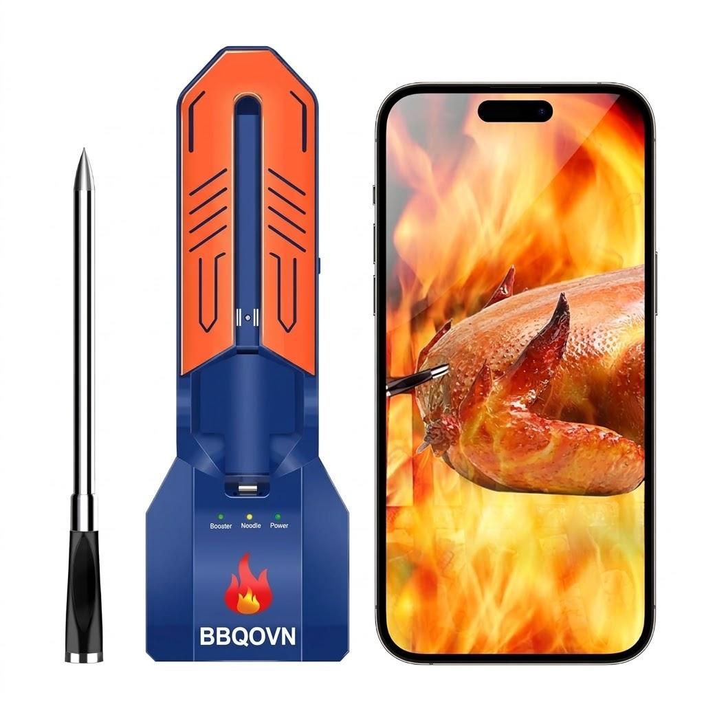 WiFi Bluetooth Wireless Meat Thermometer, Unlimited Range, 7 NIST Certified Accuracy Sensors with Ambient Temp Remote Monitoring for BBQ Grill, Oven, Smoker, Air Fryer (1, Blue, Medium)