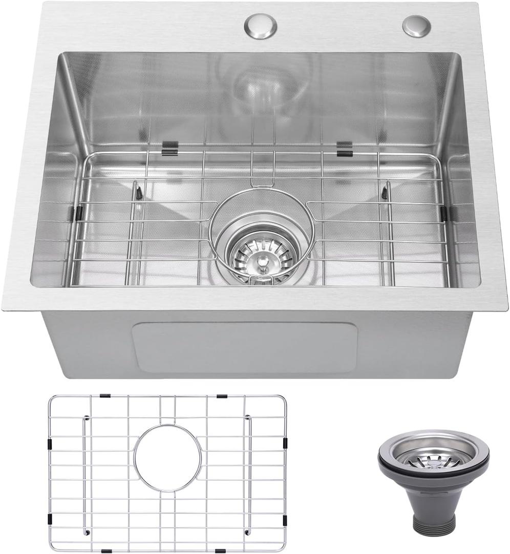 Drop In Kitchen Sink 20x16", 9" Basin Depth, 18 Gauge Stainless Steel Sink, 3D Embossed Surface Finish Top Mount with Accessories