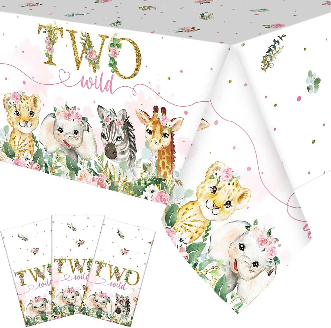 Newwiee 3 Pcs Two Wild Birthday Decorations Tablecloths Safari Animal Table Cloths 54 x 108 Inch Rectangle Jungle Table Covers Wild Animal Tablecloths for 2nd Birthday Party Supplies(Pink)